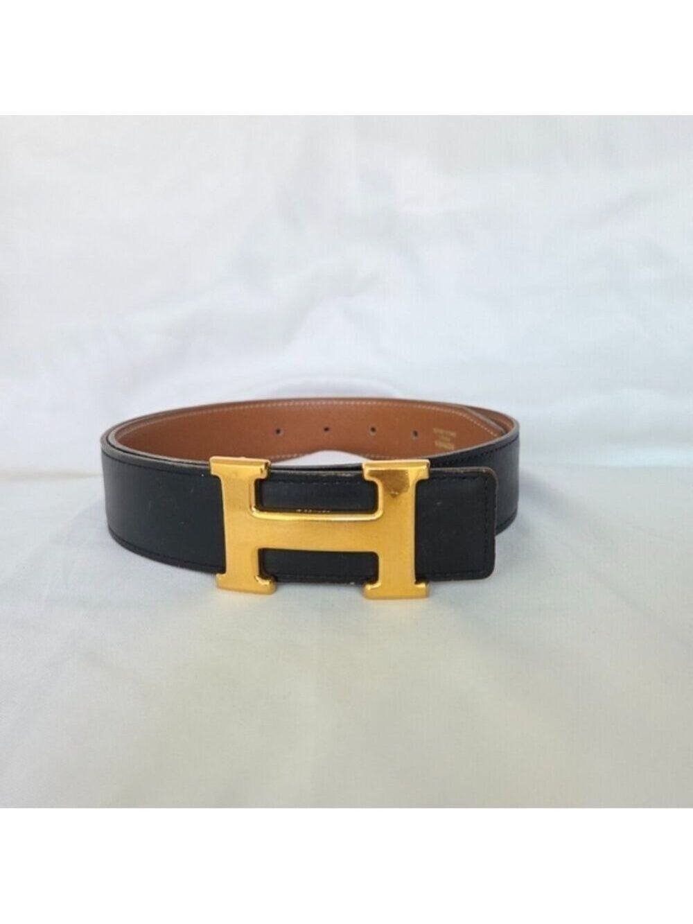 Hermes Reversible Belt Black Gold Leather Size 75 Cm